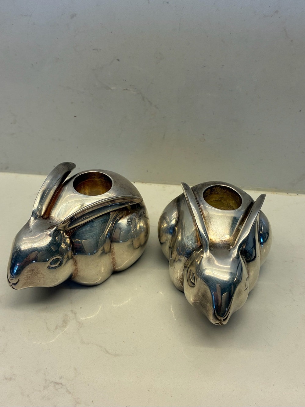 Pottery Barn Silver Plated Bunny Rabbit Candle Holder pair